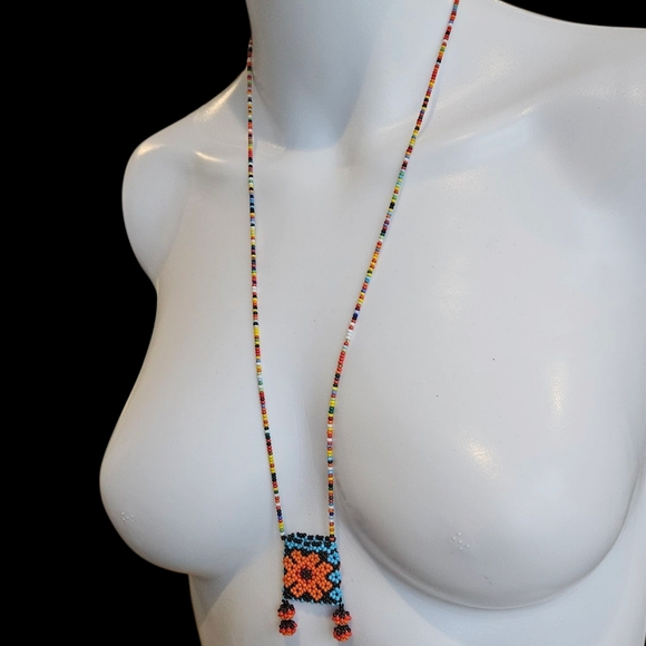 NWT - Colorful Handmade Beaded Necklace with Floral Medicine Pouch - Picture 7 of 9